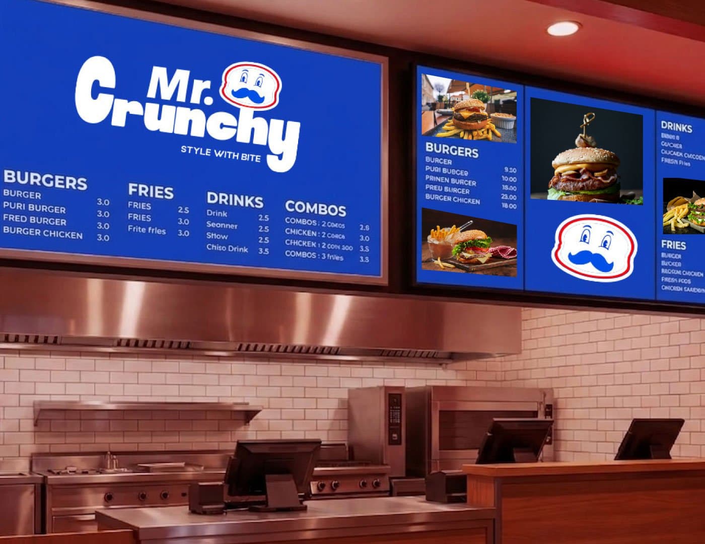Mr. Crunchy food advertisement featuring a crispy chicken burger and branded promotional sunglasses in an urban setting.