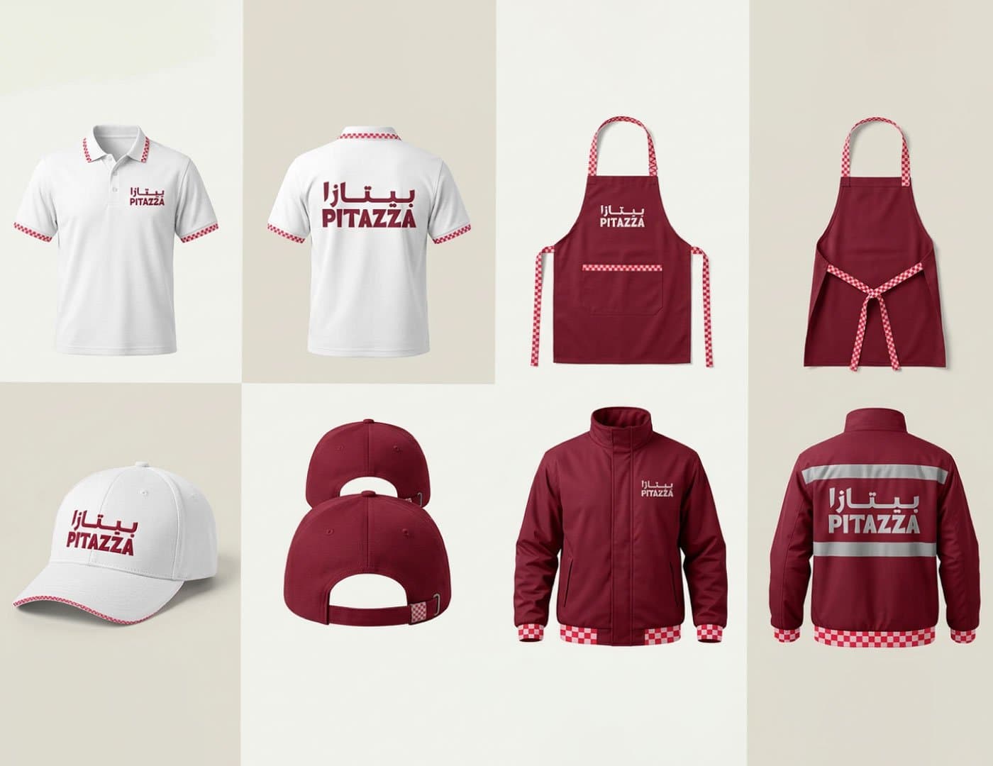 PITAZZA staff uniform collection featuring branded shirts, aprons, caps, and jackets with checkerboard details