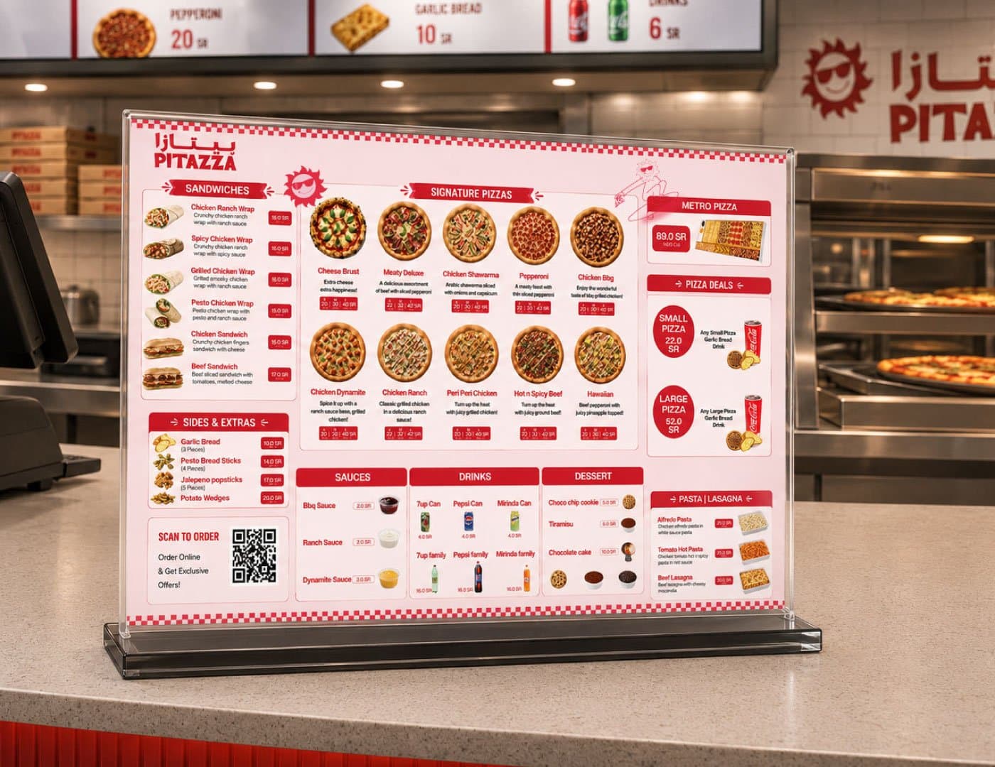 PITAZZA restaurant menu board featuring pizzas, sandwiches, sides, drinks, desserts, and promotional offers