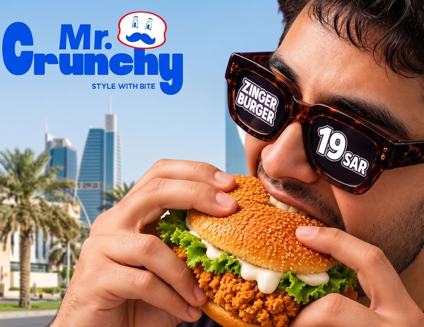 Mr. Crunchy restaurant menu board design featuring burgers, fries, drinks, food photography, and blue brand colors.