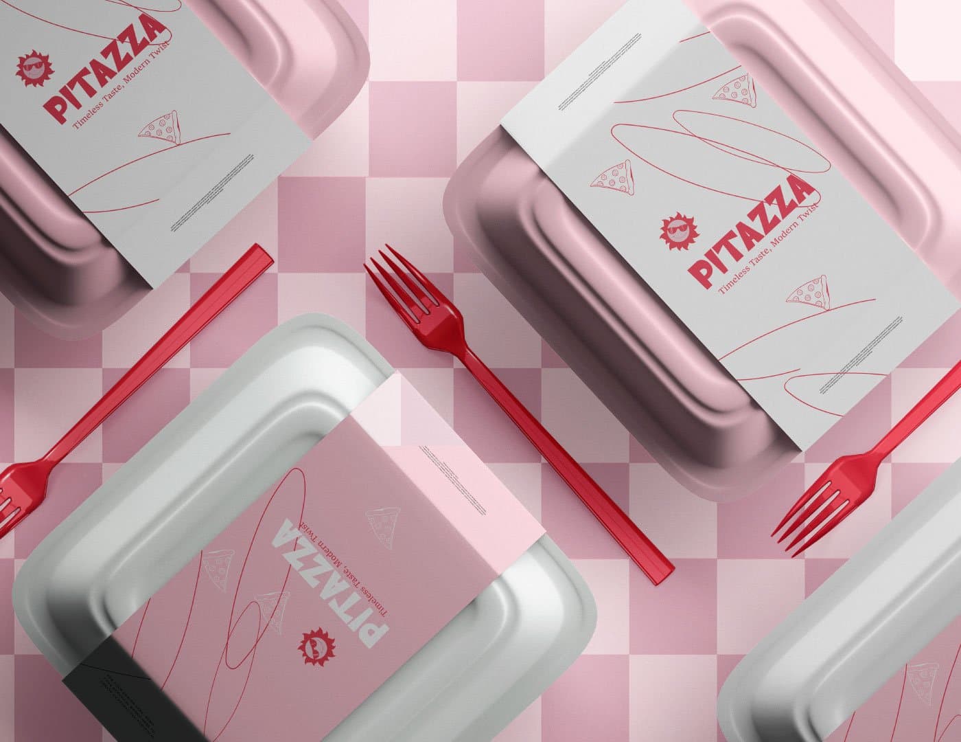 PITAZZA packaging design featuring branded food containers, printed materials, red cutlery, and checkerboard patterns