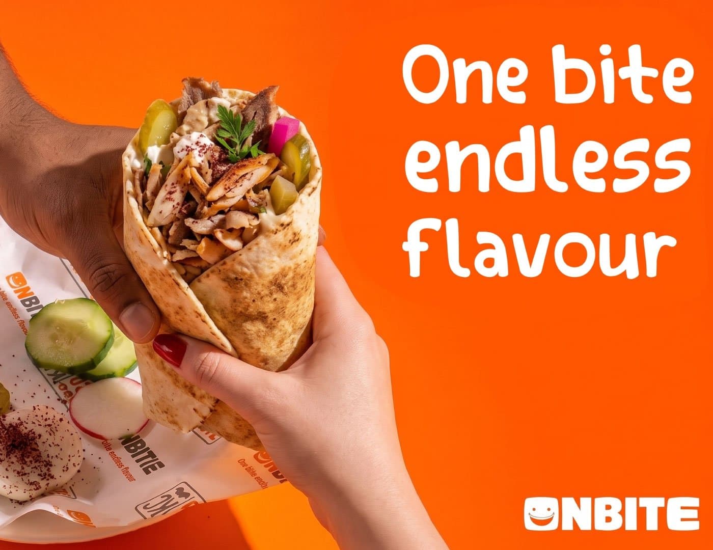 OnBite restaurant advertising featuring a shawarma wrap held by hand against an orange background with brand messaging