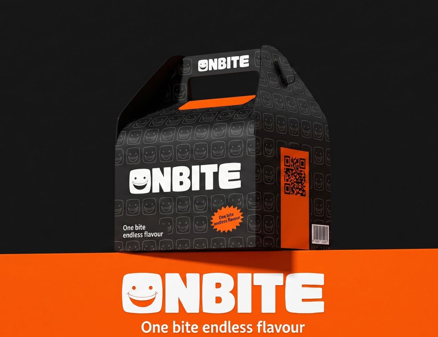 ONBITE branded takeaway packaging featuring a black food box, repeating smile pattern, QR code, and orange brand accents