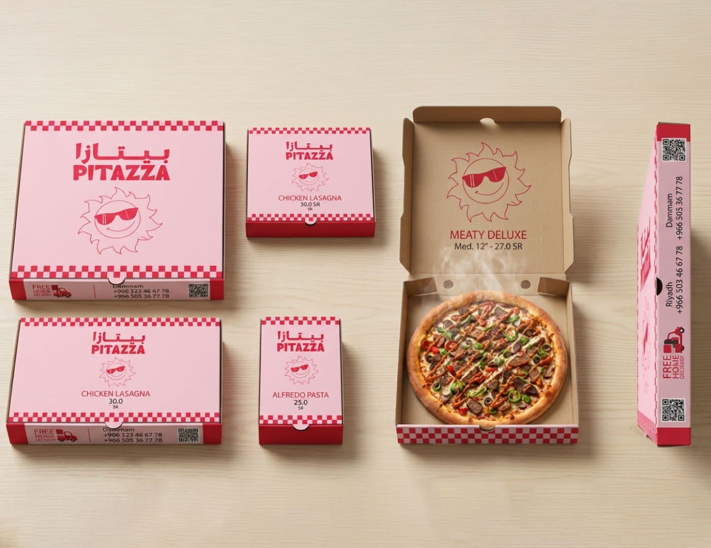 PITAZZA food packaging collection featuring pizza boxes, branded packaging, mascot artwork, and checkerboard details