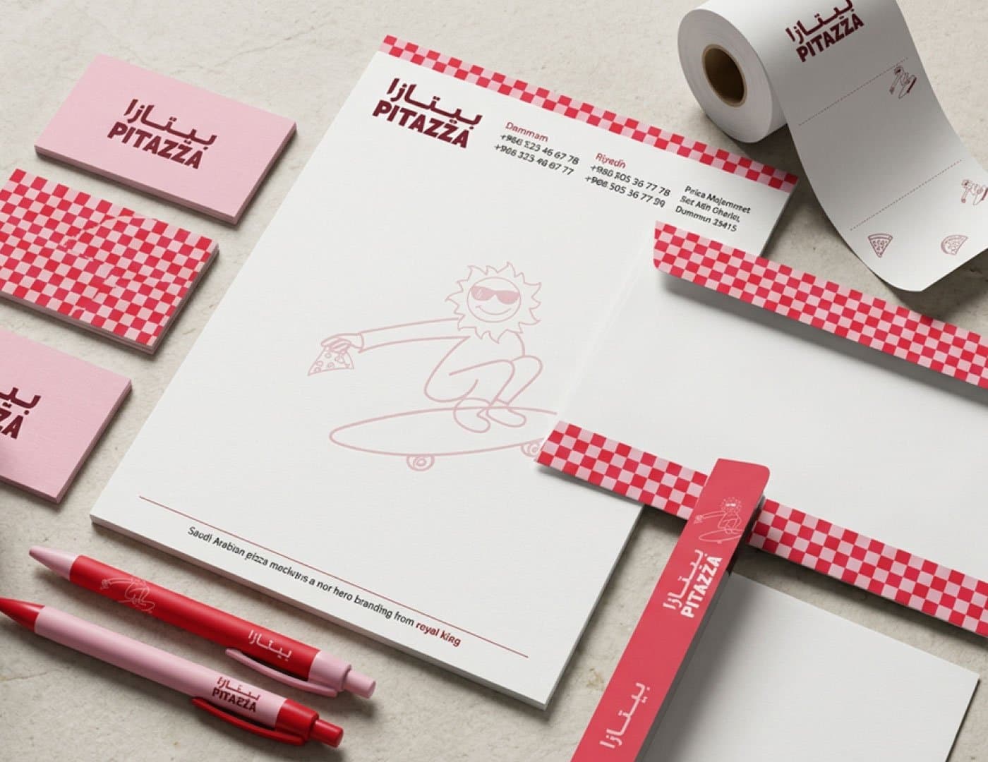 PITAZZA stationery branding mockup featuring letterhead, business cards, notepad, pens, and checkerboard pattern