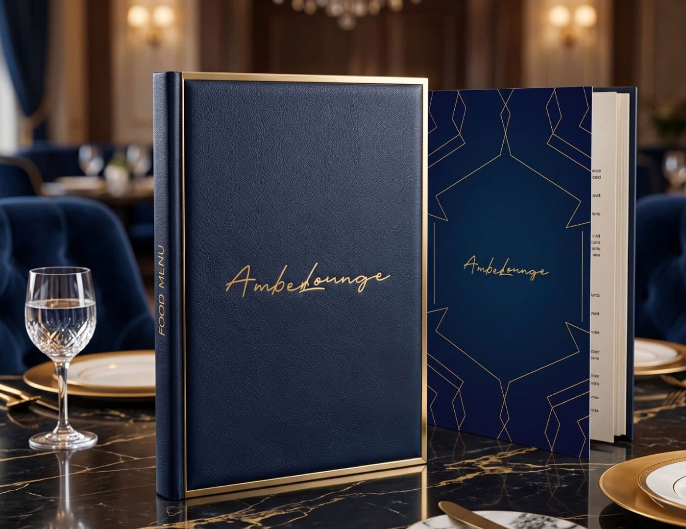 Premium restaurant menu design displayed in a sophisticated dining environment with navy blue covers and gold detailing