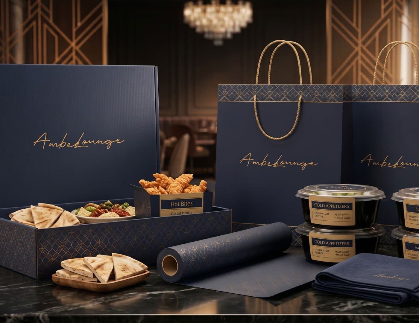 Luxury restaurant packaging presentation featuring branded food boxes, takeaway bags, patterned wrapping paper, and premium containers