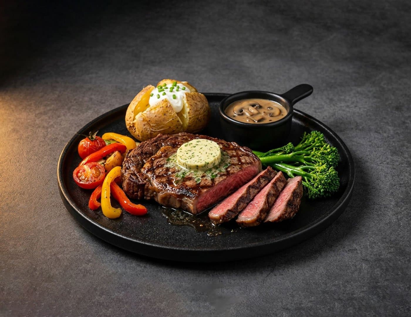 Gourmet steak dinner featuring a grilled ribeye steak with vegetables, baked potato, and mushroom sauce on a black plate.