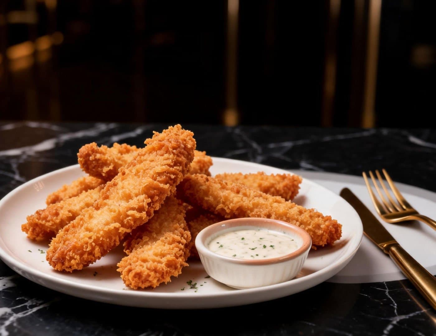Crispy chicken tenders served with creamy dipping sauce on an elegant white plate