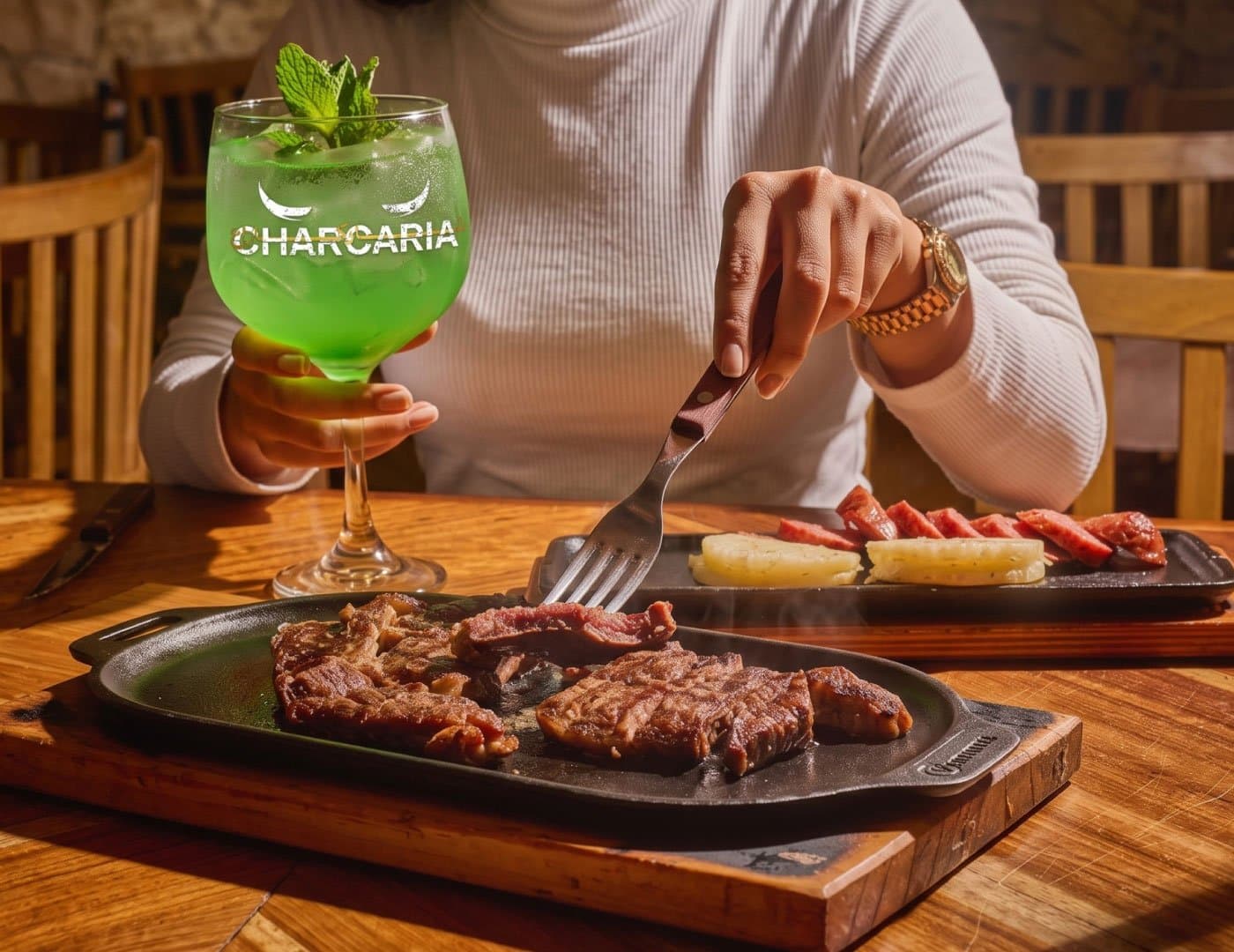Premium restaurant dining scene featuring guests enjoying grilled steak, fine table settings, and a signature green beverage.