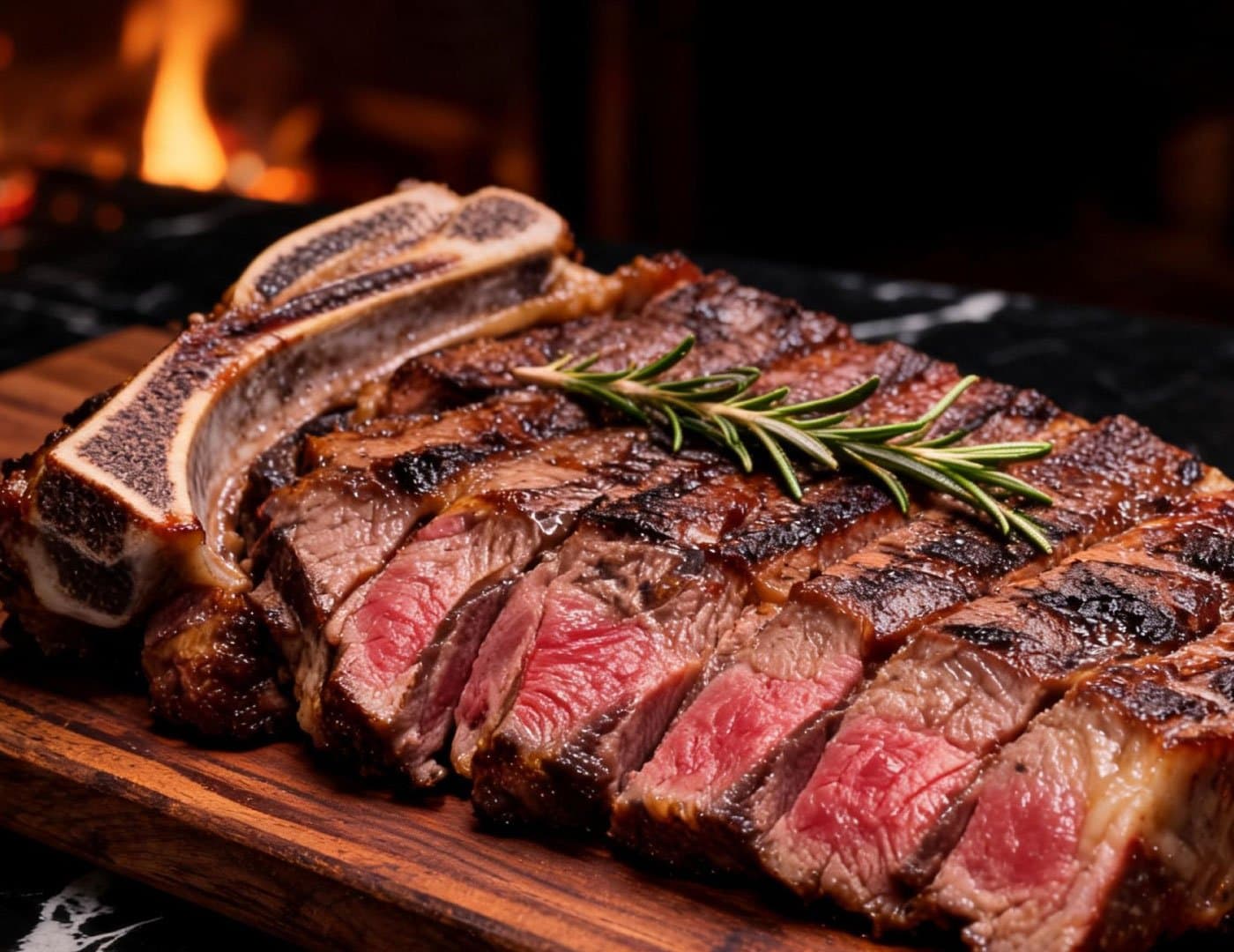 Premium sliced grilled steak served on a wooden board with rosemary and a dark restaurant background