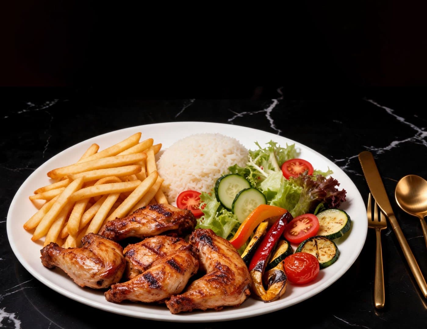 Grilled chicken platter served with French fries, rice, fresh salad, and roasted vegetables