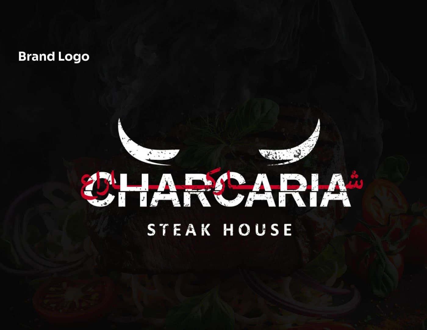 Steakhouse logo presentation featuring a distinctive horn-inspired symbol, bold typography, and a premium dark visual identity.