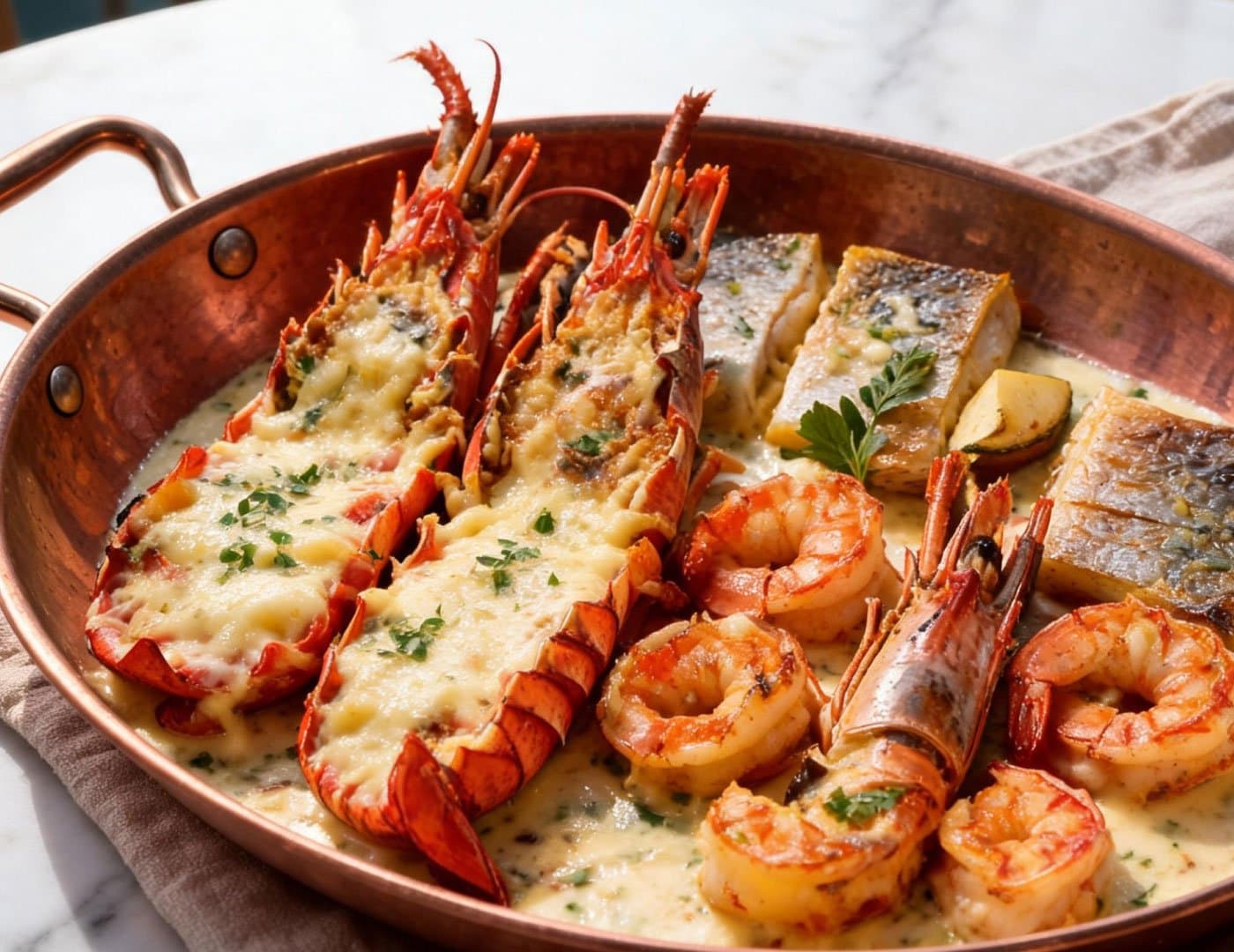 Gourmet seafood platter featuring lobster, shrimp, and grilled fish served in a copper pan
