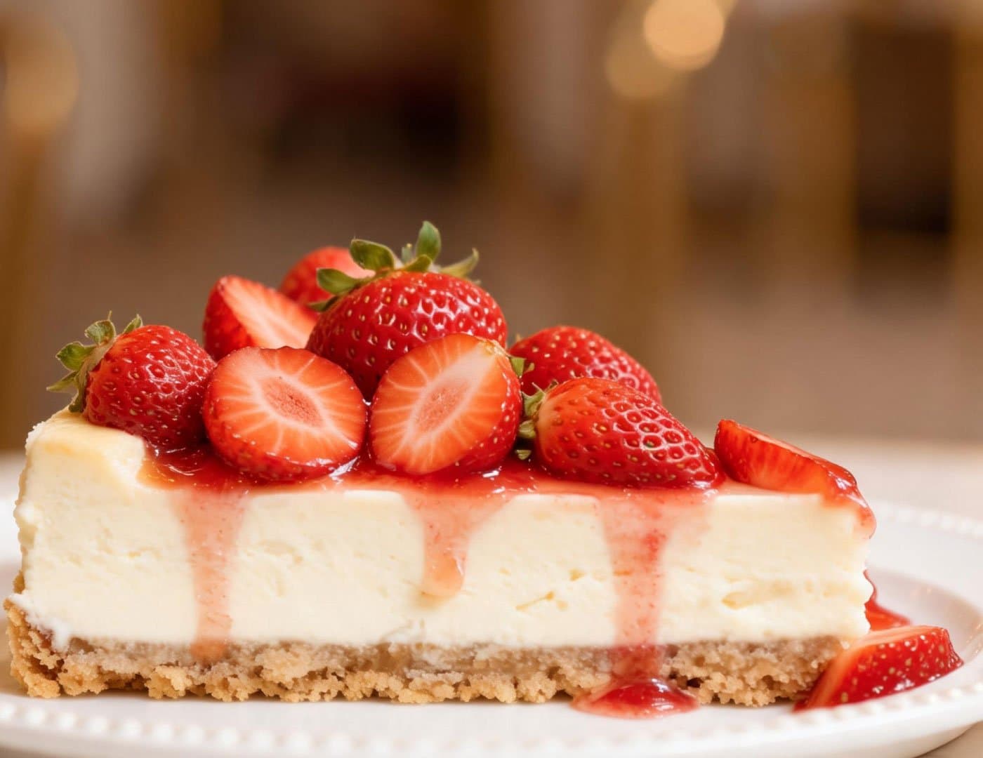 Close-up of a fresh strawberry cheesecake dessert topped with sliced strawberries and fruit sauce