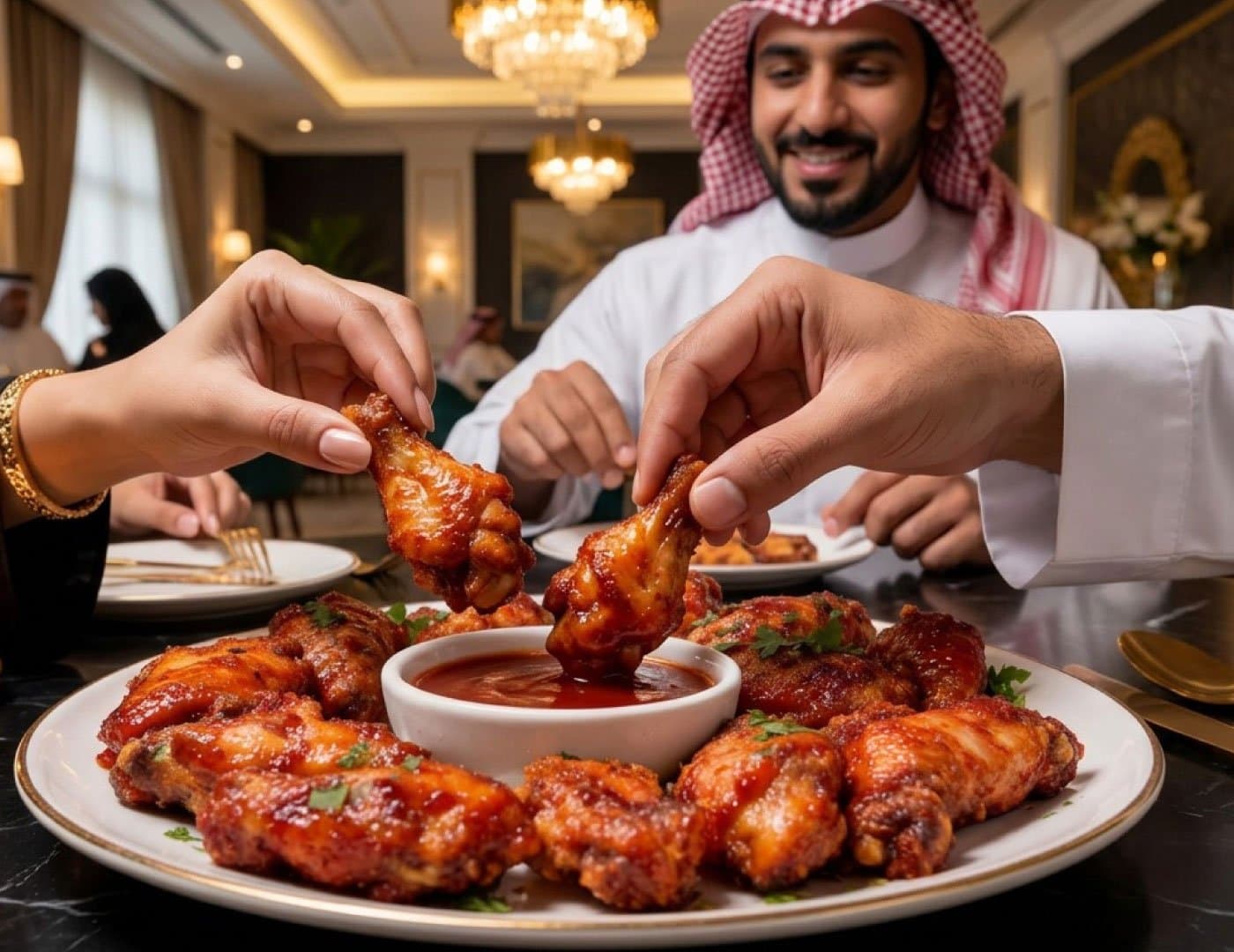 Fine dining restaurant scene with guests enjoying glazed chicken dishes and sharing food at the table