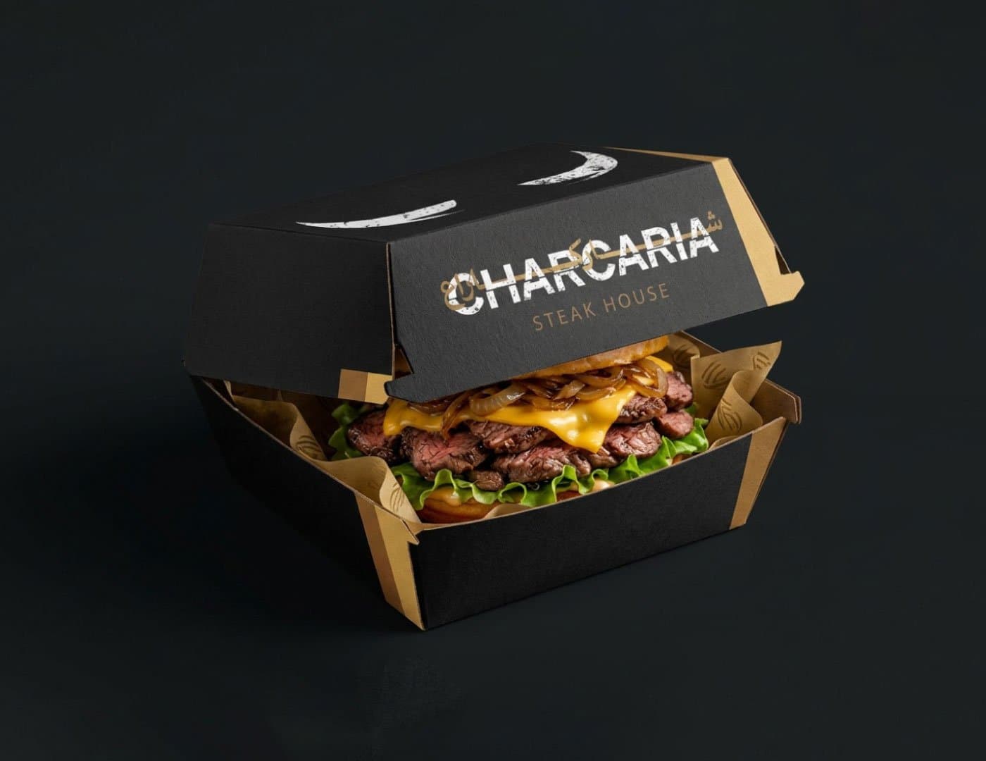 Premium restaurant packaging mockup featuring a branded black takeaway box with gold accents and a gourmet burger.