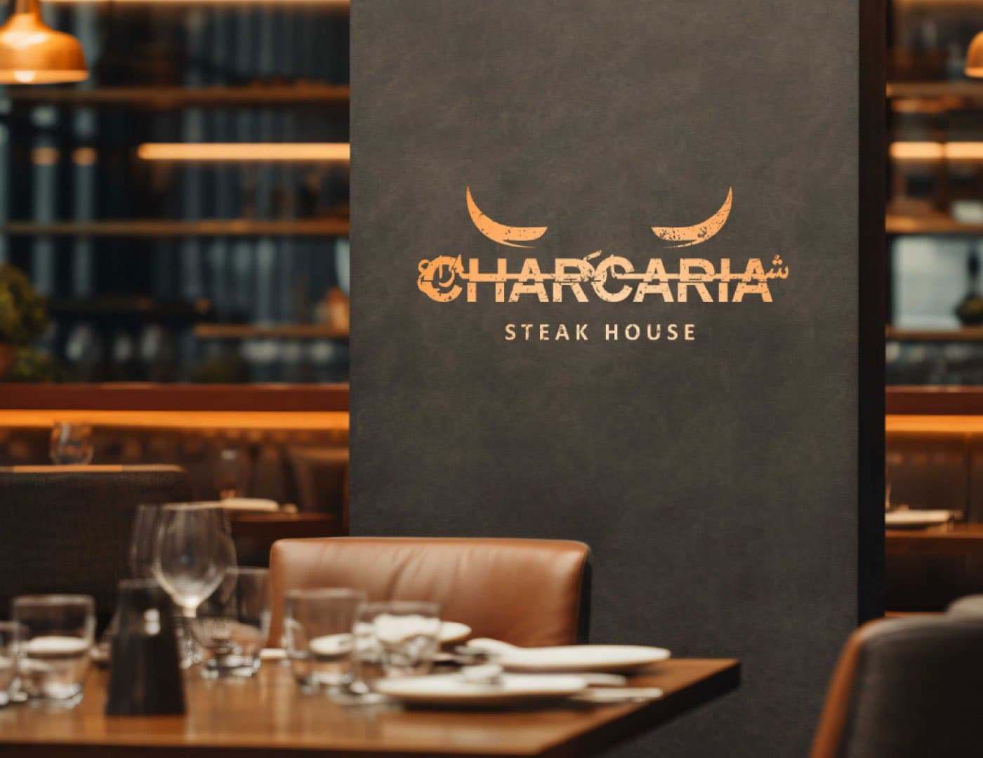 Luxury restaurant menu design displayed in an elegant dining environment with dark textured styling and refined typography.