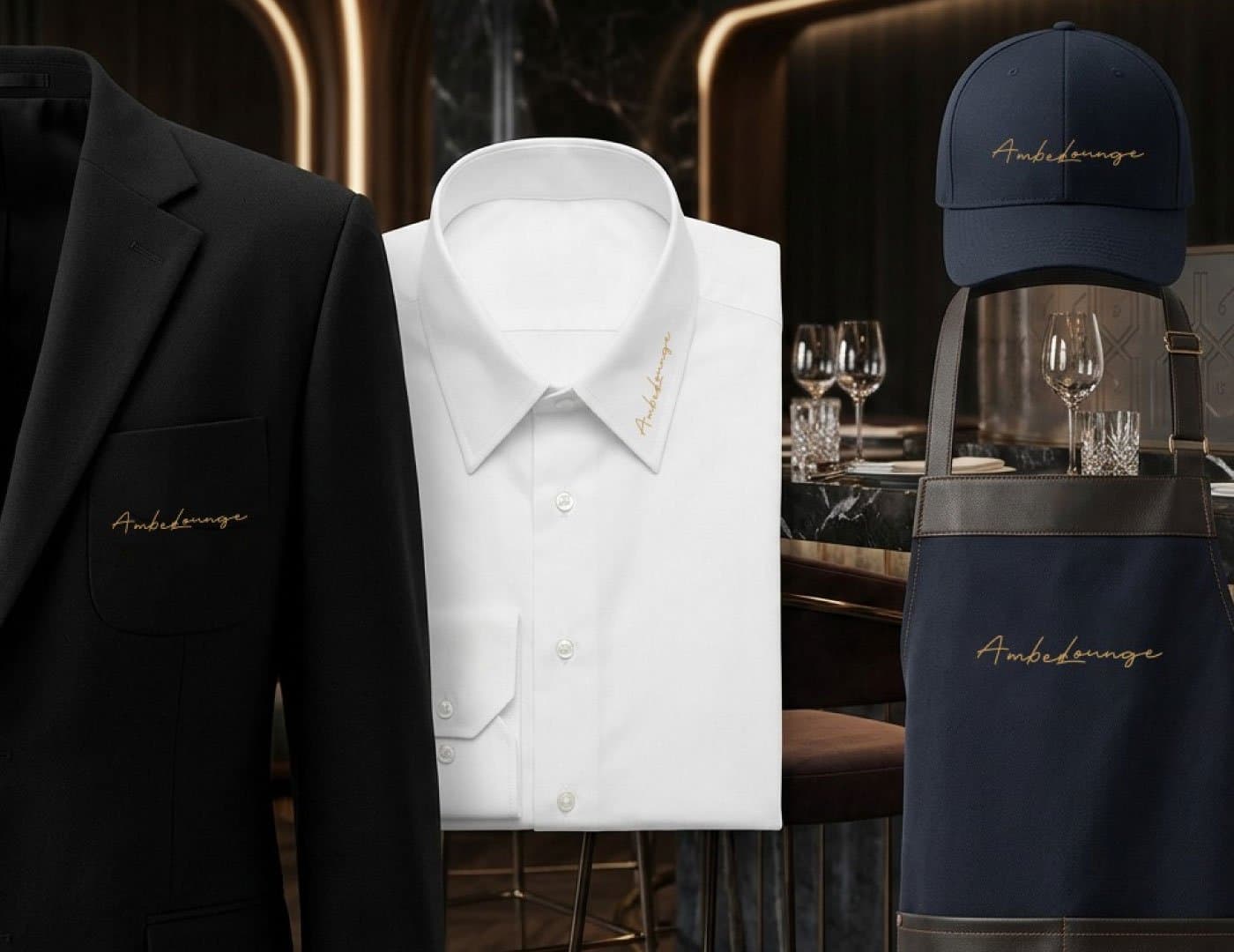 Restaurant staff uniform branding featuring a black jacket, white shirt, branded apron, and matching cap