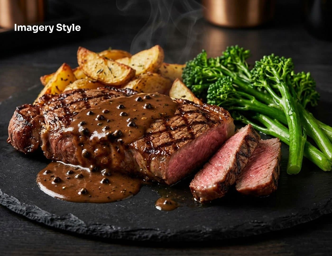 Premium steak food photography featuring grilled steak with pepper sauce, roasted potatoes, and fresh green vegetables.