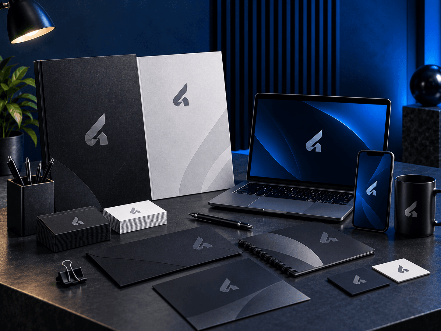 Modern brand identity stationery mockup with business cards and branded materials