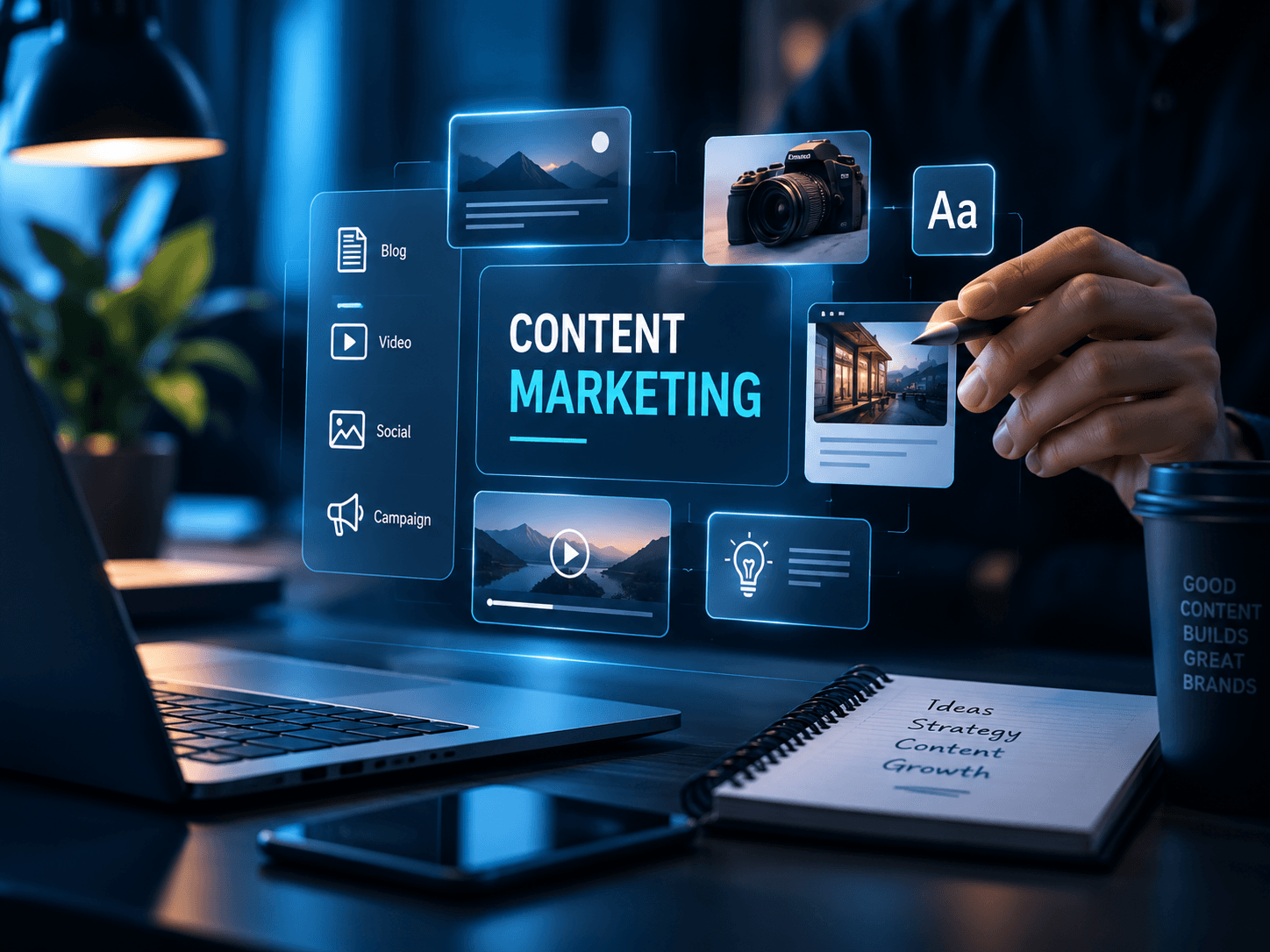 Digital content marketing workspace with creative media elements.