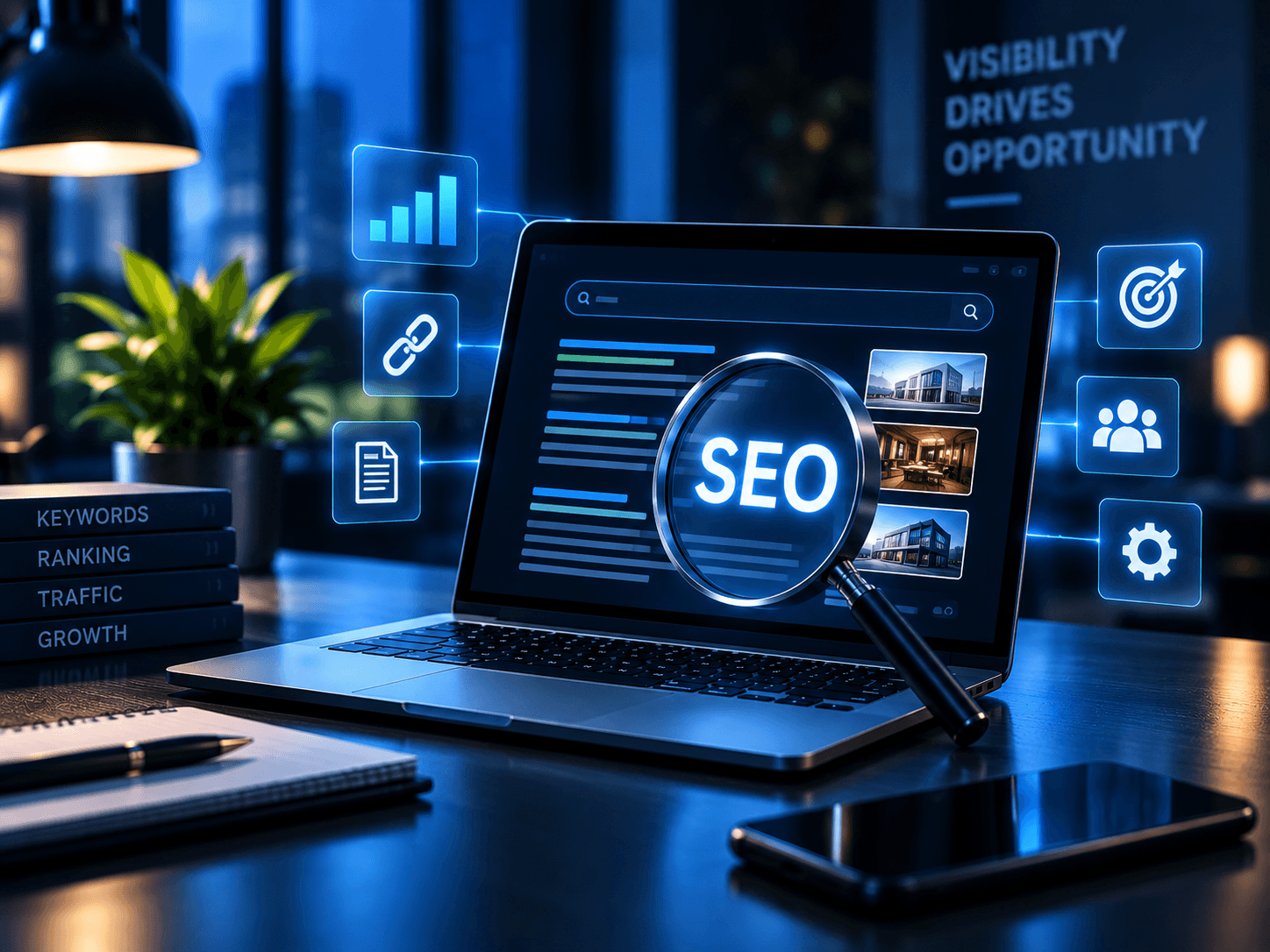 SEO analytics workspace with search, ranking, and growth visuals.