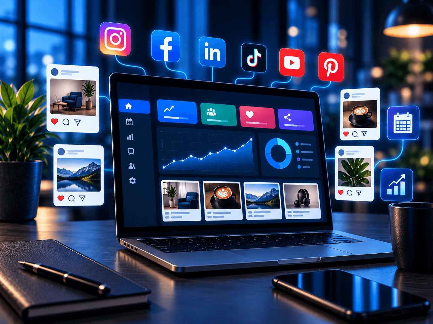 Social media management dashboard with content, analytics, and engagement visuals.