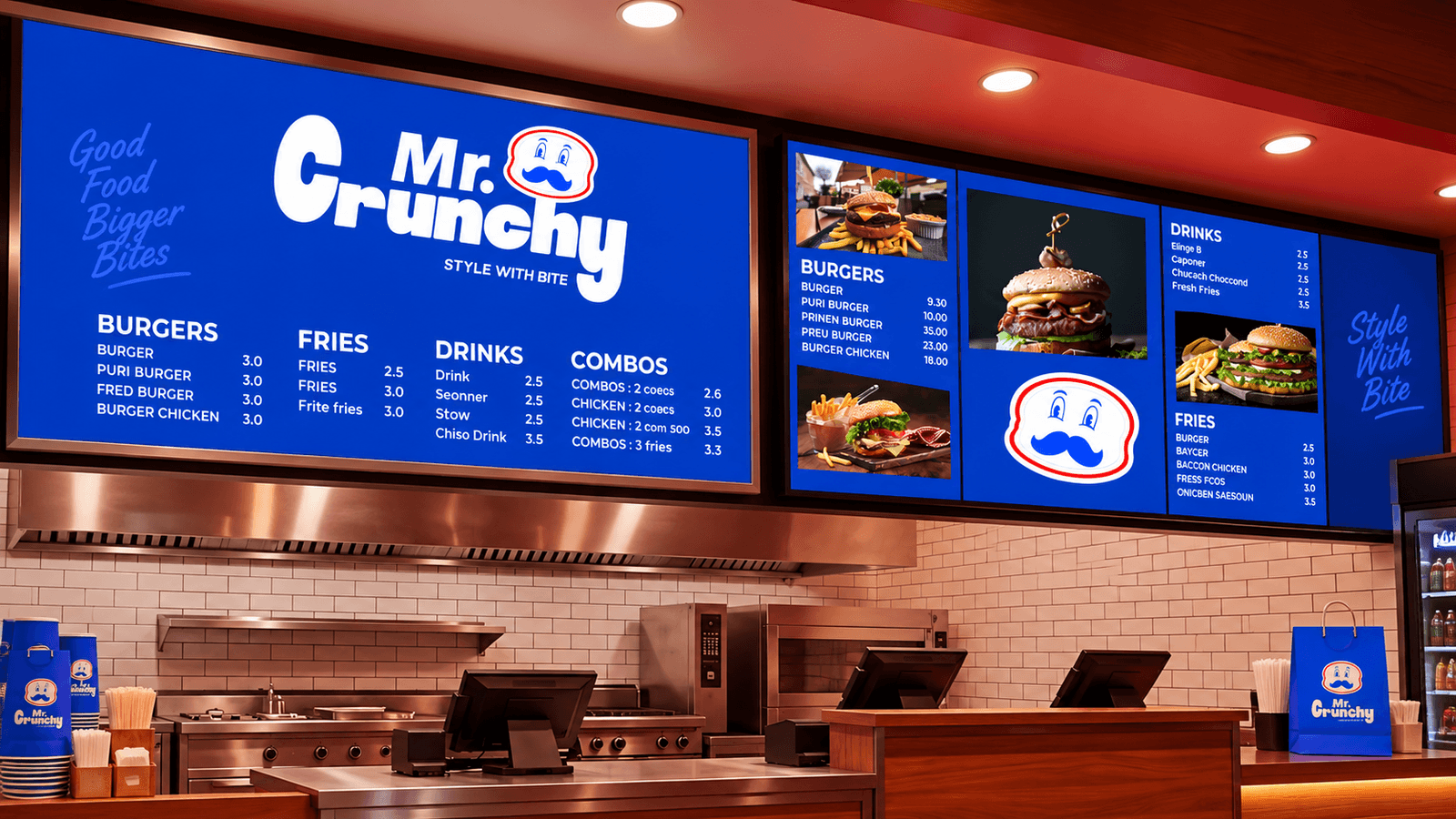 Mr. Crunchy restaurant interior featuring branded digital menu boards, burger food photography, blue brand identity, modern kitchen equipment, and customer service counter.