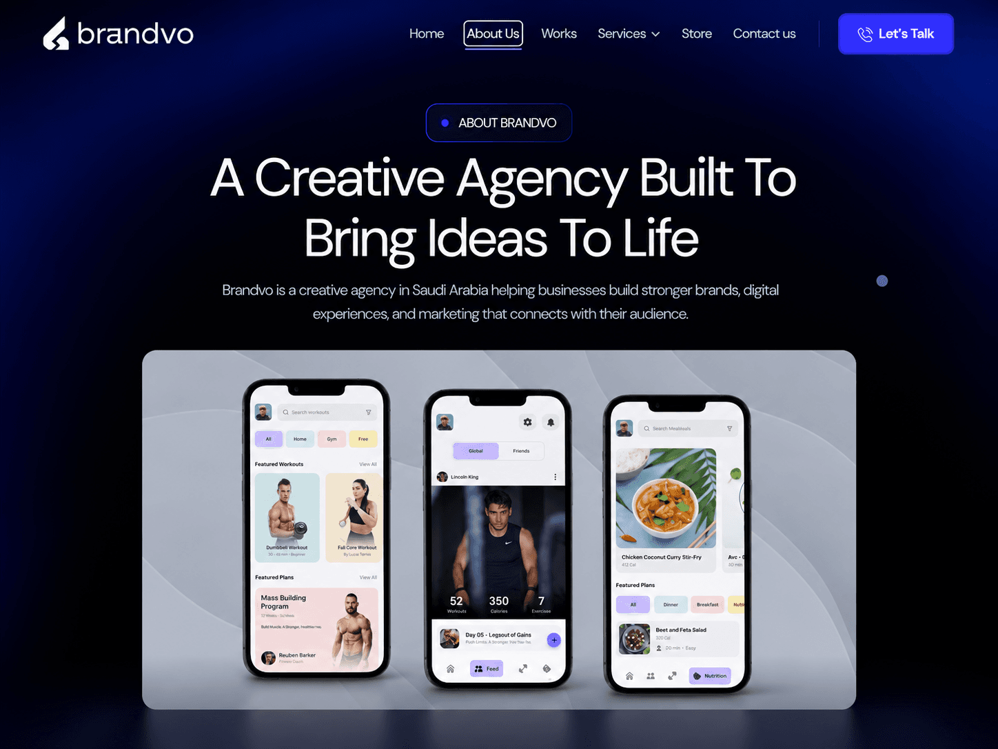 Creative agency website mockup featuring a dark modern interface, brand presentation, and three mobile app screens showcasing fitness, social, and nutrition digital experiences.