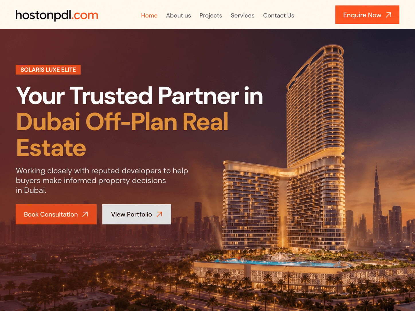 Dubai real estate website mockup featuring a luxury high-rise development, off-plan property services, modern navigation, and premium property consultation design.