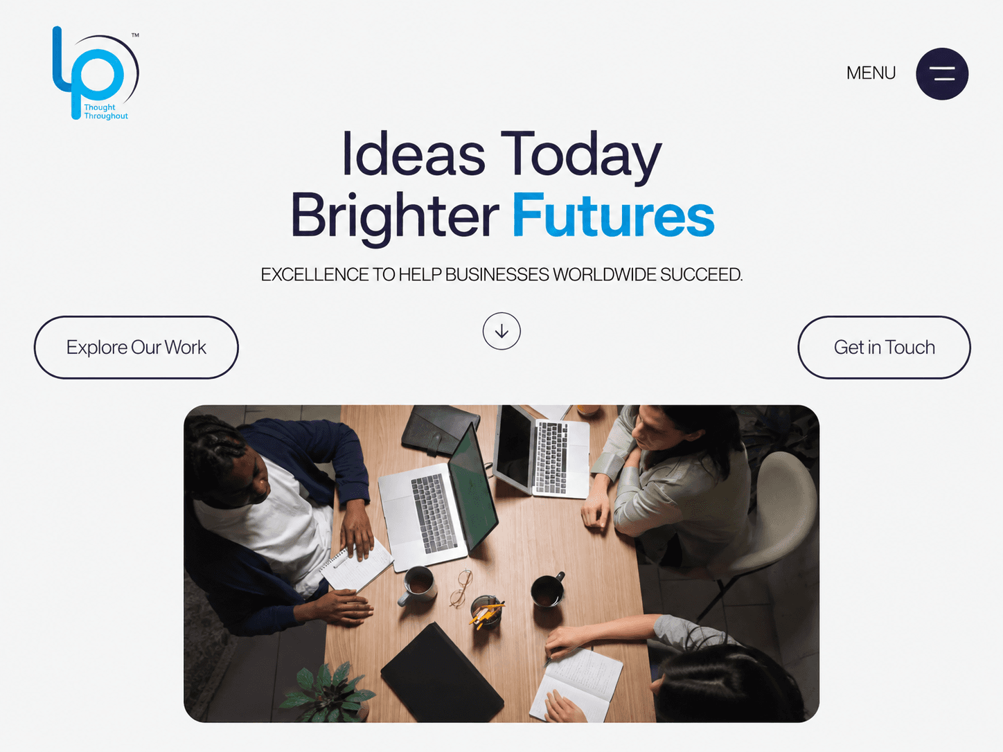 Modern business website landing page mockup featuring a minimalist layout, team collaboration image, navigation menu, call-to-action buttons, and clean professional web design.