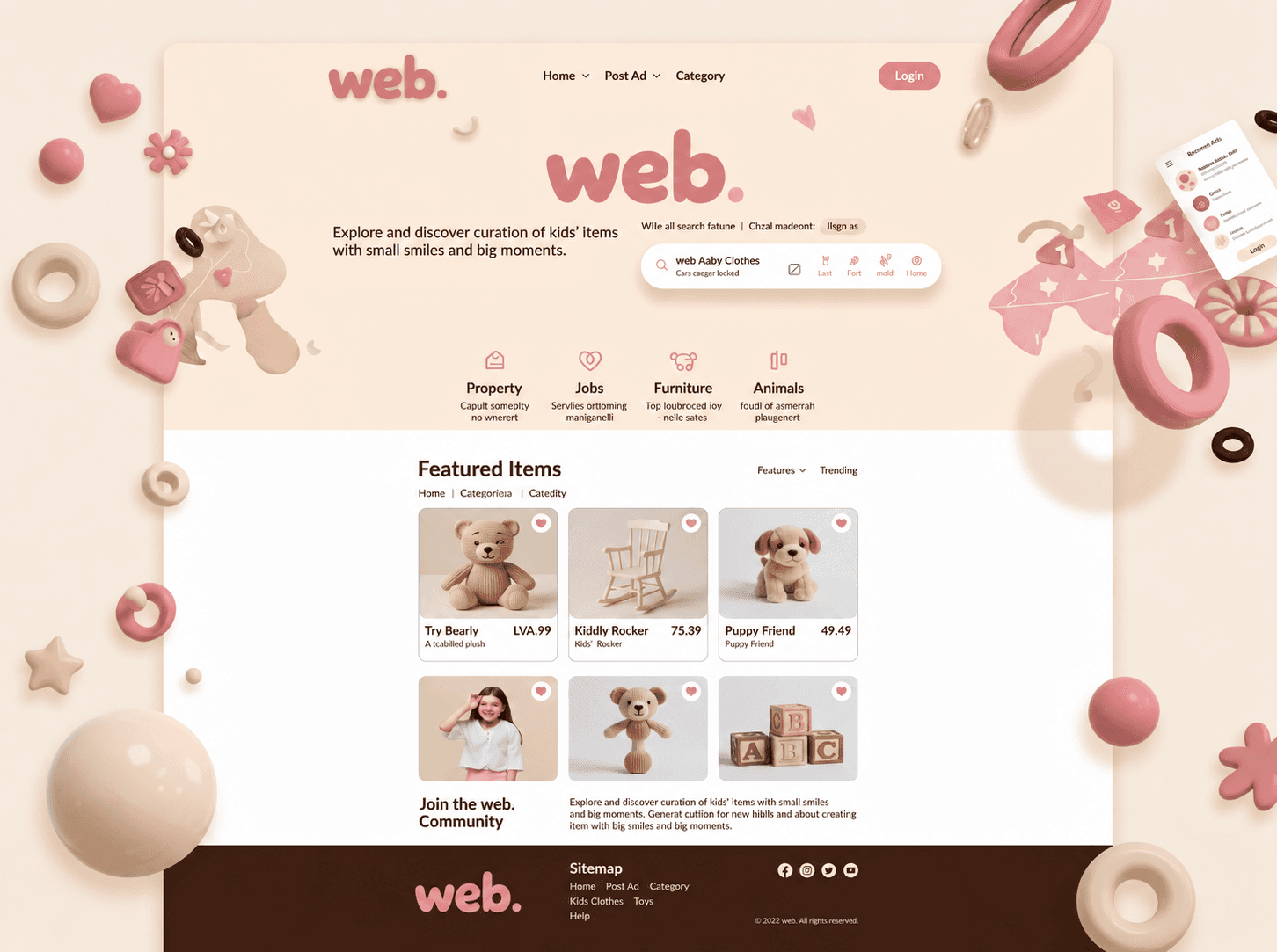 Playful website landing page mockup with pastel colors, featured product grid, navigation menu, search interface, category icons, and soft 3D decorative elements.