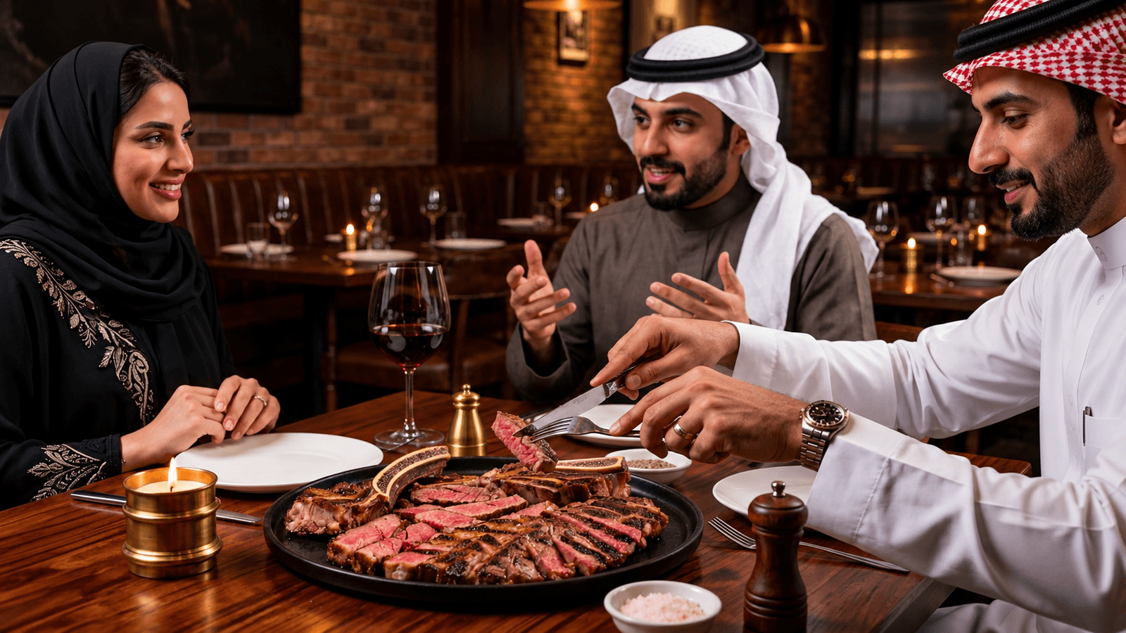 Luxury restaurant dining scene featuring guests enjoying a premium steak meal in an elegant, warm-lit interior with refined table settings.